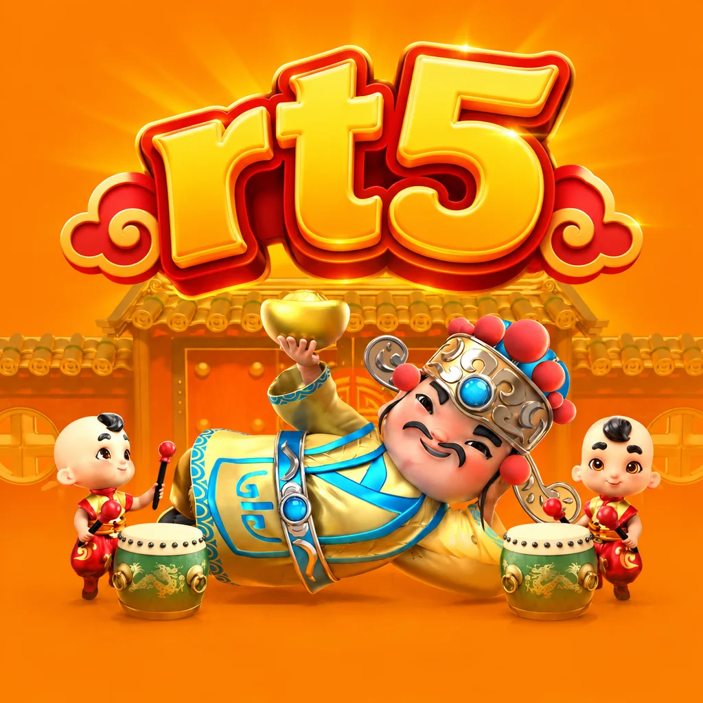 Dewa kemakmuran berbaring memegang batangan emas dengan anak penabuh gendang pada Fortune Gods di rt5